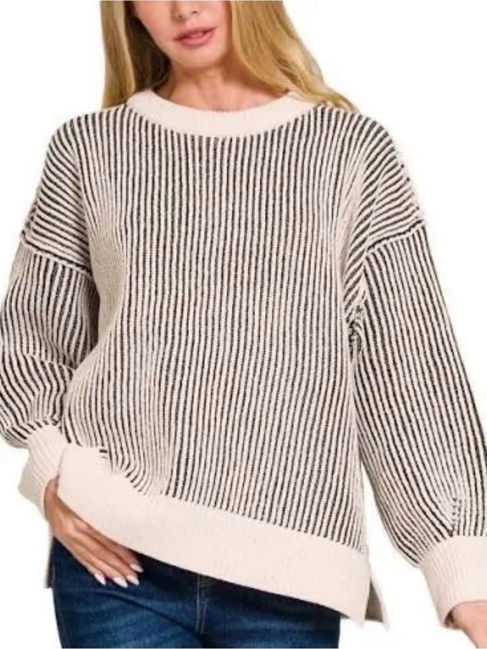 Zenana Outfitters Cream and Black Ribbed Crewneck Sweater